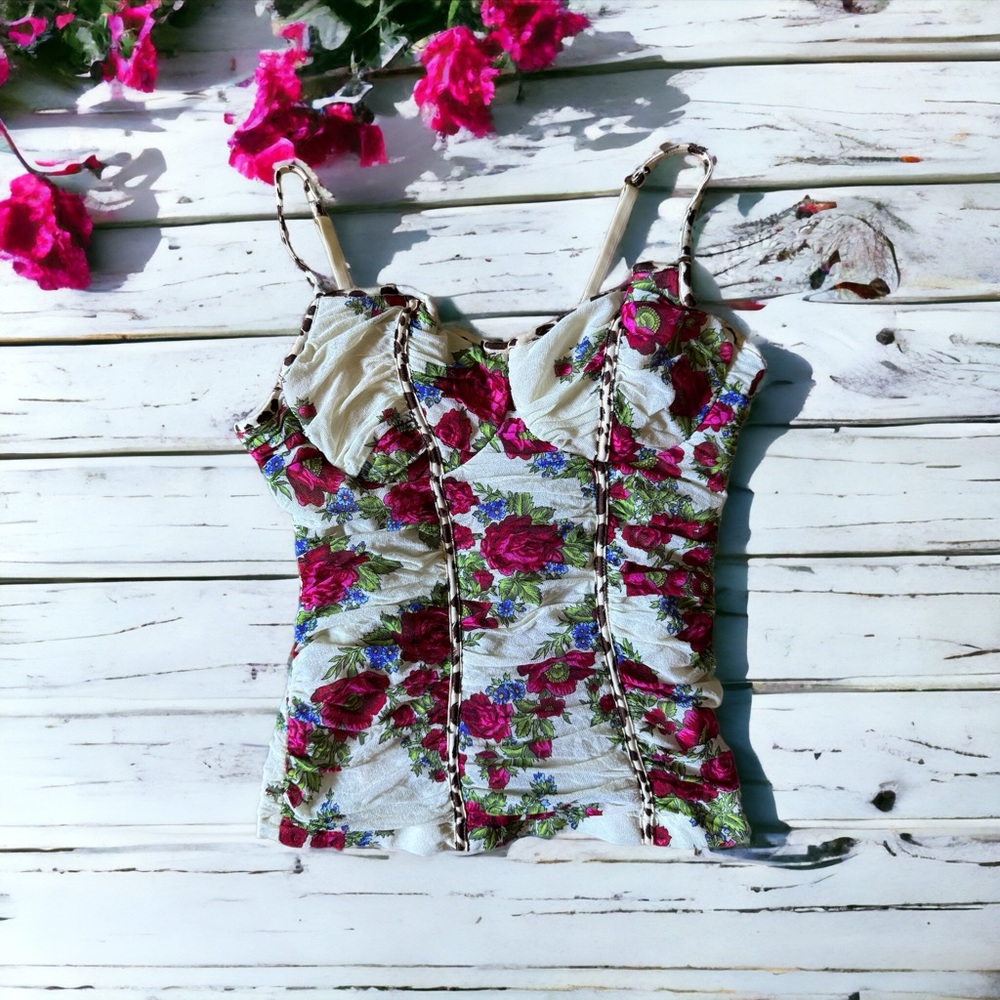 Cosabella Floral Print Bustier Ruched Corset Tank Top Bra Blouse IT 3 US 34C